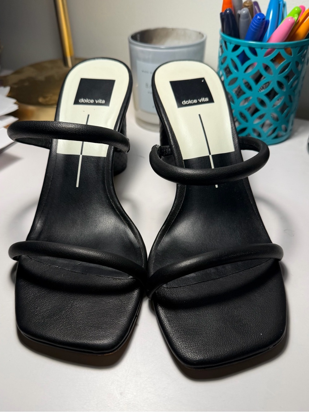Black strappy block heel